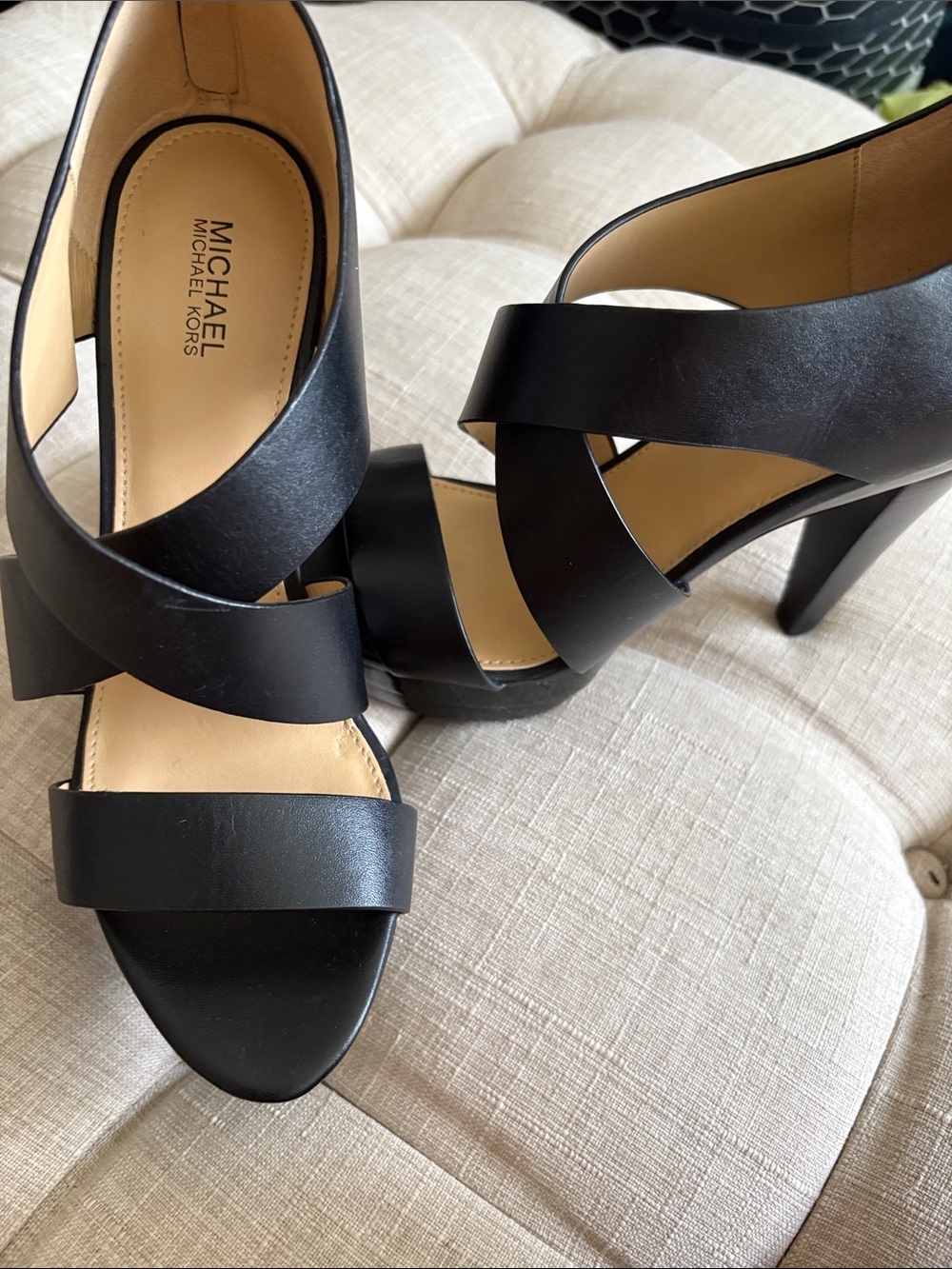MICHAEL Michael Kors Black Leather Crisscross High Heel Sandals